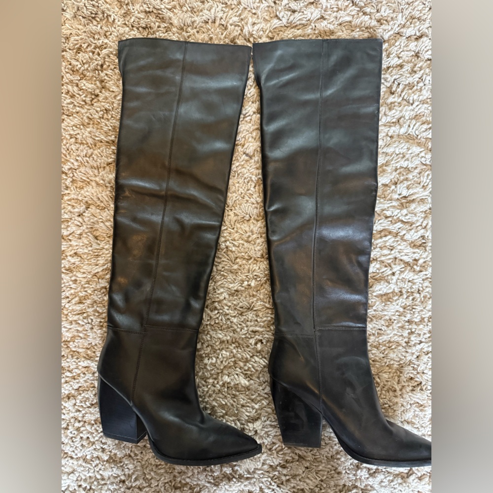 All Saints Black Leather over the Knee-High Boots